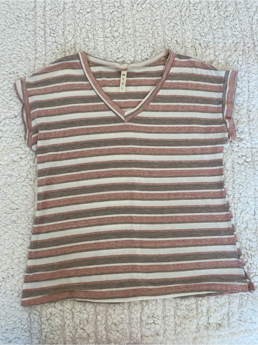mts Striped V-Neck Tee in Rose and Cream